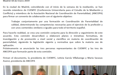 Nota de prensa: Acuerdo de colaboración entre la Conferencia Universitaria para el Estudio de la Mediación y el Conflicto (CUEMYC) y la Asociación Nacional de Coordinación de Parentalidad (ANCOPA)